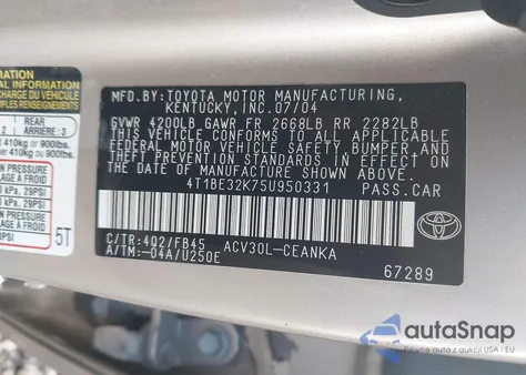 2005 Toyota Camry Std from USA, damaged, VIN 4T1BE32K75U950331